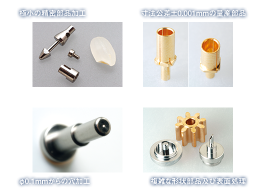 極小の精密部品加工・寸法公差±0.001mmの量産部品・φ0.1mmからの穴加工・複雑な形状部品及び表面処理